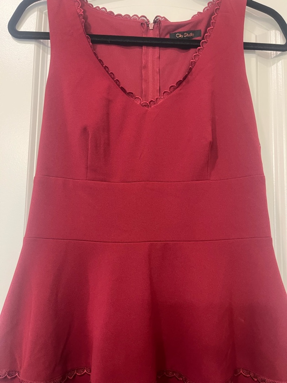 City Studio Burgundy Scalloped V-Neck Fit & Flare A-line Mini Dress Sz 9 NWT - Picture 3 of 12
